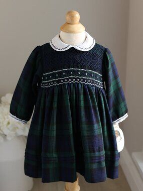 Smocked BlackWatch Plaid Heirloom Dress Pintucks Sarah Louise Size 12M NWT